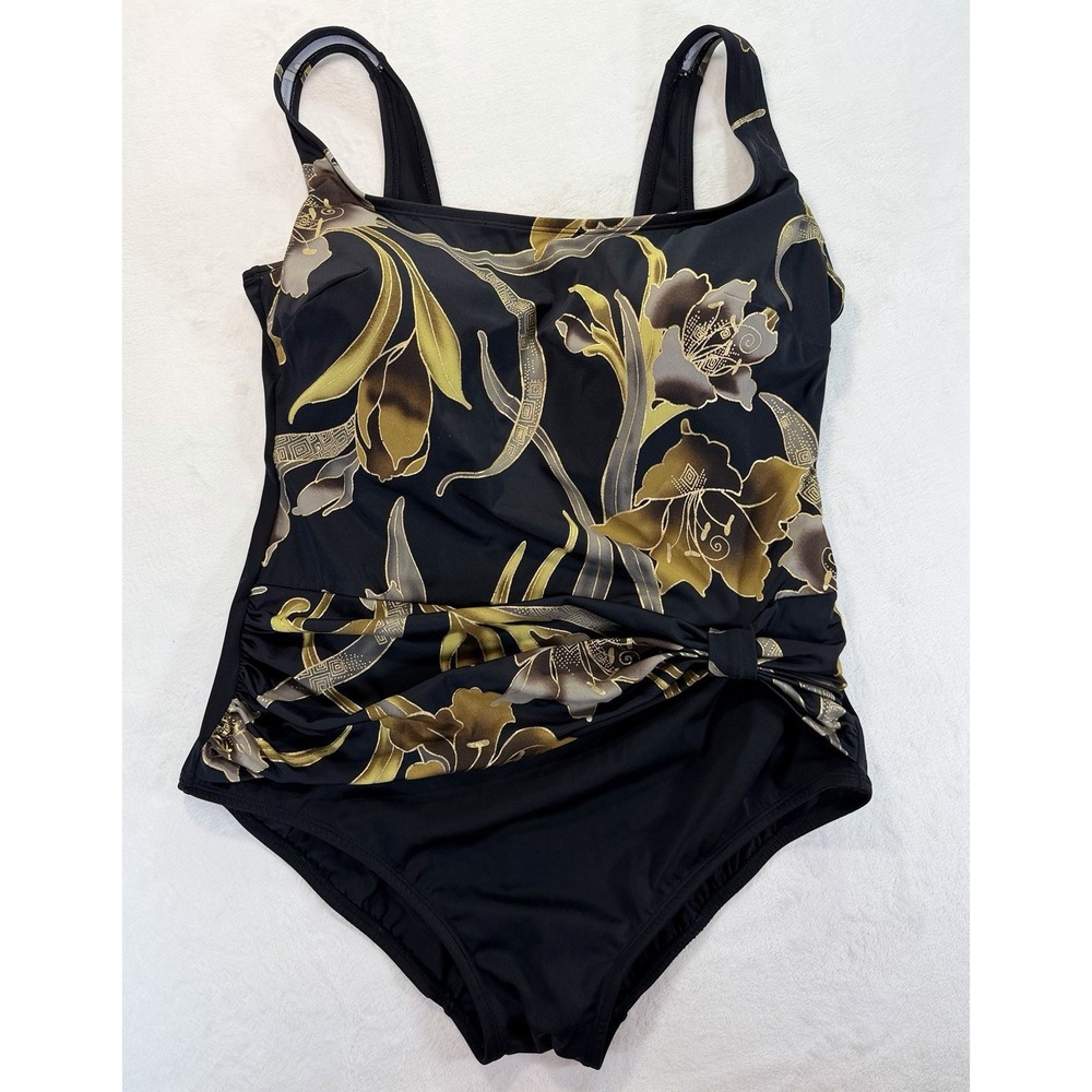Longitude Women's 20 Swimsuit Black Gold Floral Glam Luxe 1 Piece